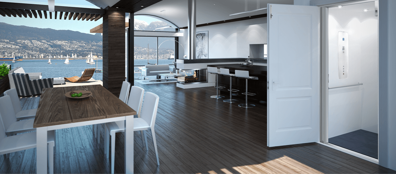 Residential home elevator installed inside a modern waterfront home.
