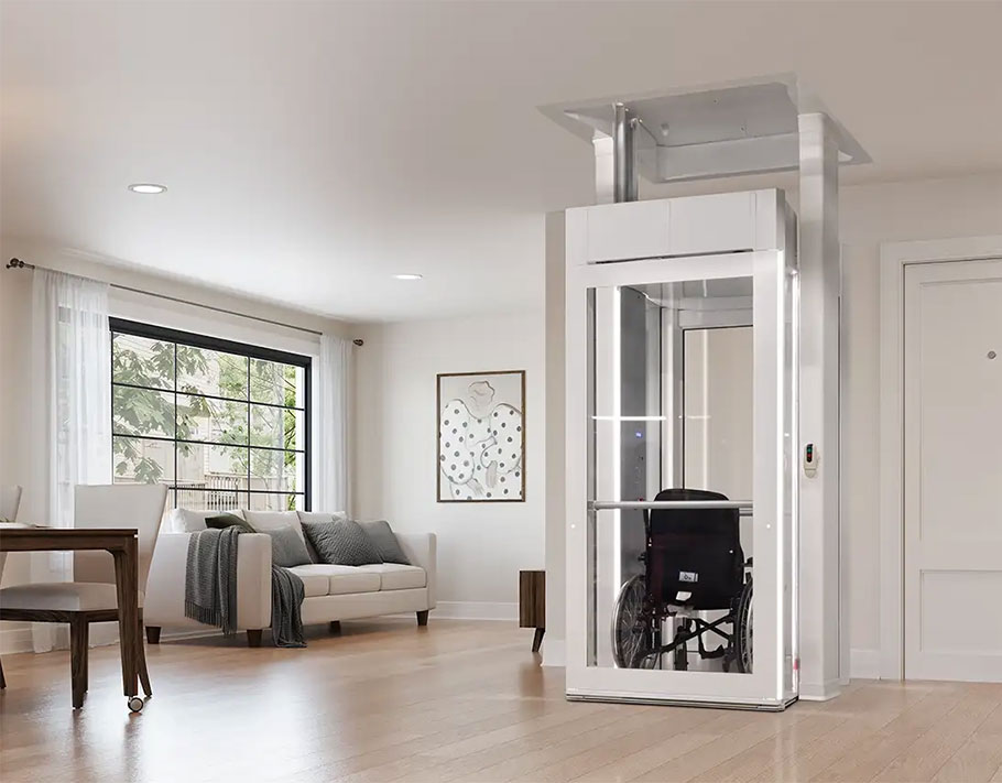 LUMA L Homelift installed in a bright modern living room with light wood floors and contemporary furniture