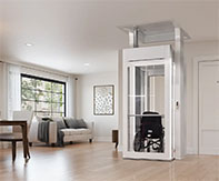 LUMA Homelift installed in a bright modern living room with light wood floors and contemporary furniture