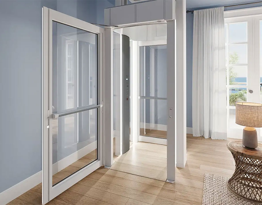 Man entering the LUMA Homelift in a stylish living room, showcasing its compact and elegant design