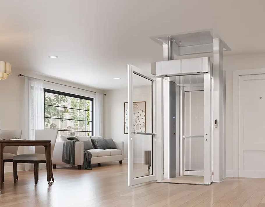 Side view of the LUMA Homelift with the door open, highlighting the glass panels and minimal footprint in a bright room