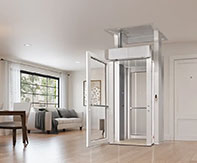 Side view of the LUMA Homelift with the door open, highlighting the glass panels and minimal footprint in a bright room